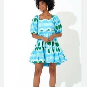 Oliphant Blue Ikat Square Neck Bubble Dress Small Puff Sleeves Resort Wear Vaca
